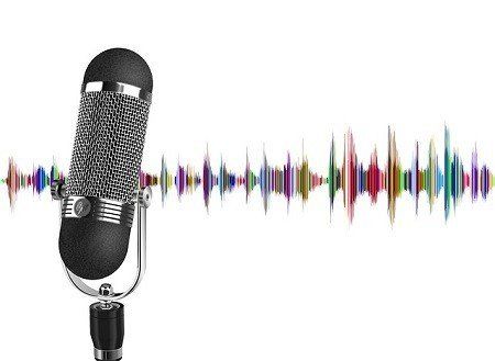 A microphone with a sound wave behind it on a white background.